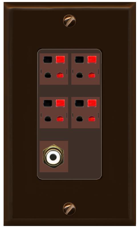 RiteAV 4 Port Speaker Wire Plug Jack Wall Plate with RCA for Subwoofer - 1 Gang [Brown/Brown]