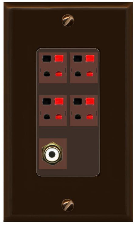 RiteAV 4 Port Speaker Wire Plug Jack Wall Plate with RCA for Subwoofer - 1 Gang [Brown/Brown]