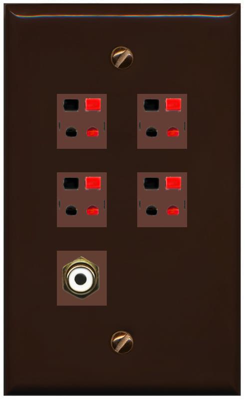 RiteAV 4 Port Speaker Wire Plug Jack Wall Plate with RCA for Subwoofer - Flat [Brown/Brown]