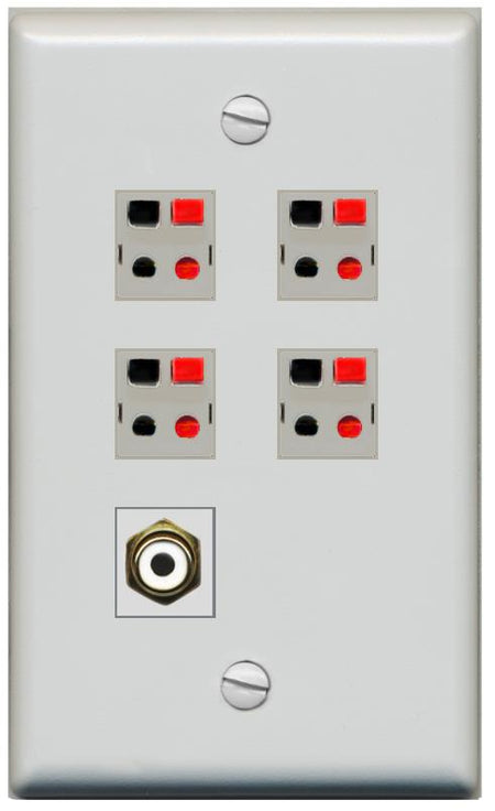 RiteAV 4 Port Speaker Wire Plug Jack Wall Plate with RCA for Subwoofer - Flat [Gray/Gray]