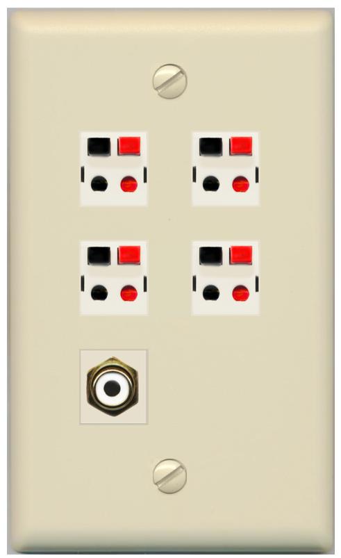 RiteAV 4 Port Speaker Wire Plug Jack Wall Plate with RCA for Subwoofer - Flat [Ivory/Ivory]