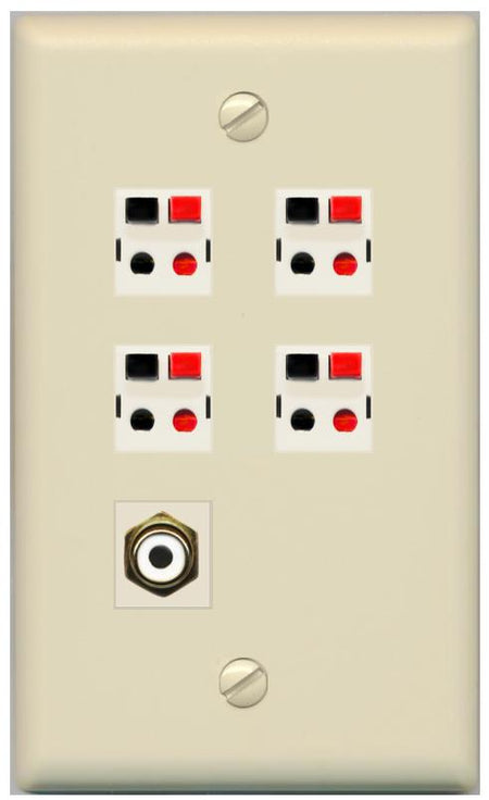 RiteAV 4 Port Speaker Wire Plug Jack Wall Plate with RCA for Subwoofer - Flat [Ivory/Ivory]