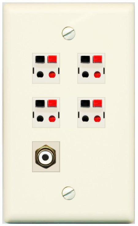 RiteAV 4 Port Speaker Wire Plug Jack Wall Plate with RCA for Subwoofer - Flat [Light-Almond]