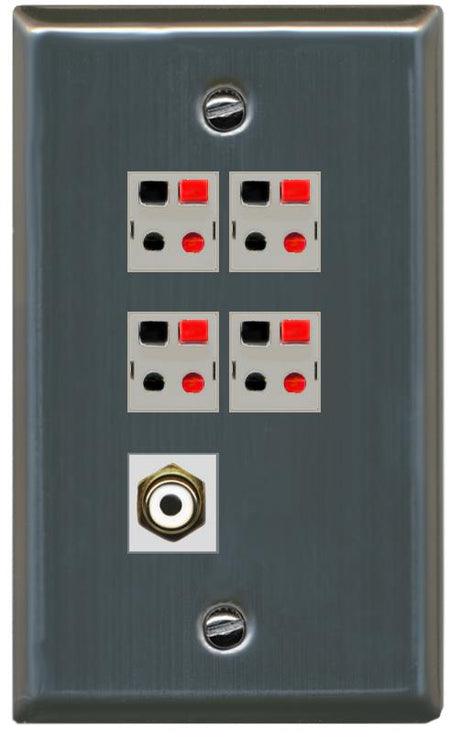 RiteAV 4 Port Speaker Wire Plug Jack Wall Plate with RCA for Subwoofer - Flat [Stainless Steel]