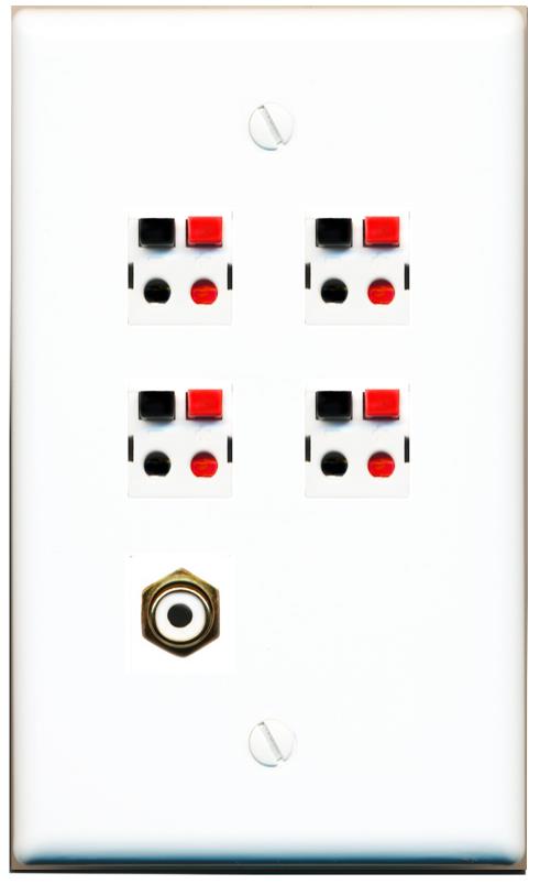 RiteAV 4 Port Speaker Wire Plug Jack Wall Plate with RCA for Subwoofer - Flat [White]