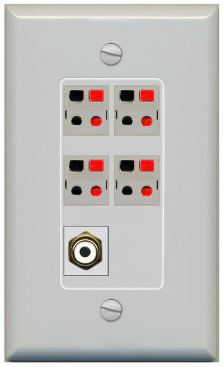 RiteAV 4 Port Speaker Wire Plug Jack Wall Plate with RCA for Subwoofer - 1 Gang [Gray/Gray]