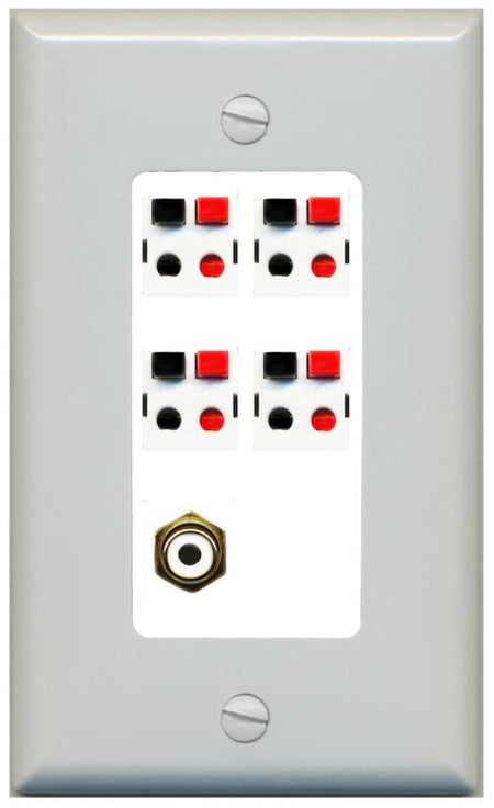 RiteAV 4 Port Speaker Wire Plug Jack Wall Plate with RCA for Subwoofer - 1 Gang [Gray/White]