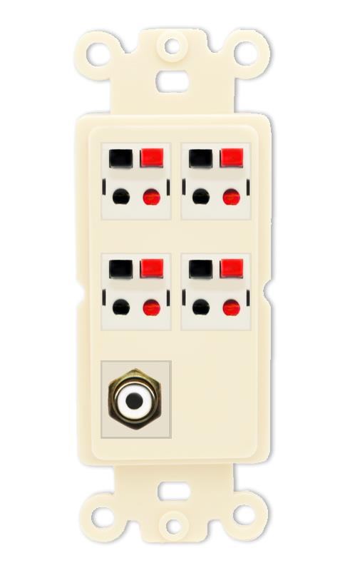 RiteAV 4 Port Speaker Wire Plug Jack Wall Plate with RCA for Subwoofer - Rocker [Light-Almond]