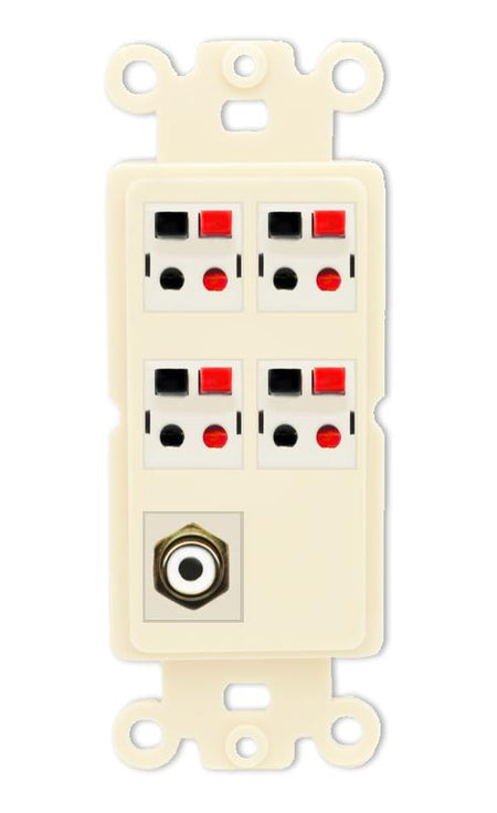 RiteAV 4 Port Speaker Wire Plug Jack Wall Plate with RCA for Subwoofer - Rocker [Light-Almond]