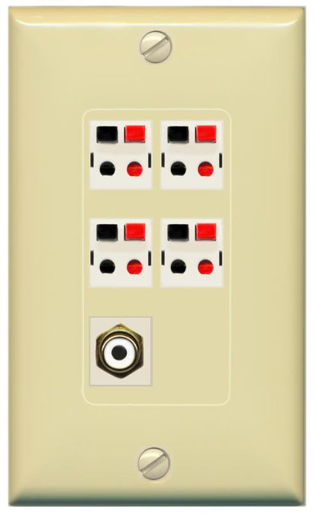 RiteAV 4 Port Speaker Wire Plug Jack Wall Plate with RCA for Subwoofer - 1 Gang [Ivory/Ivory]