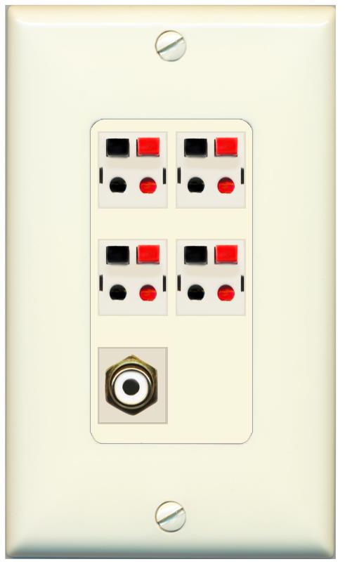 RiteAV 4 Port Speaker Wire Plug Jack Wall Plate with RCA for Subwoofer - 1 Gang [Light-Almond]