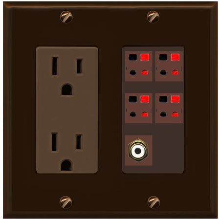 RiteAV 4 Port Speaker Wire Plug Jack Wall Plate with RCA for Subwoofer - Outlet [Brown/Brown]