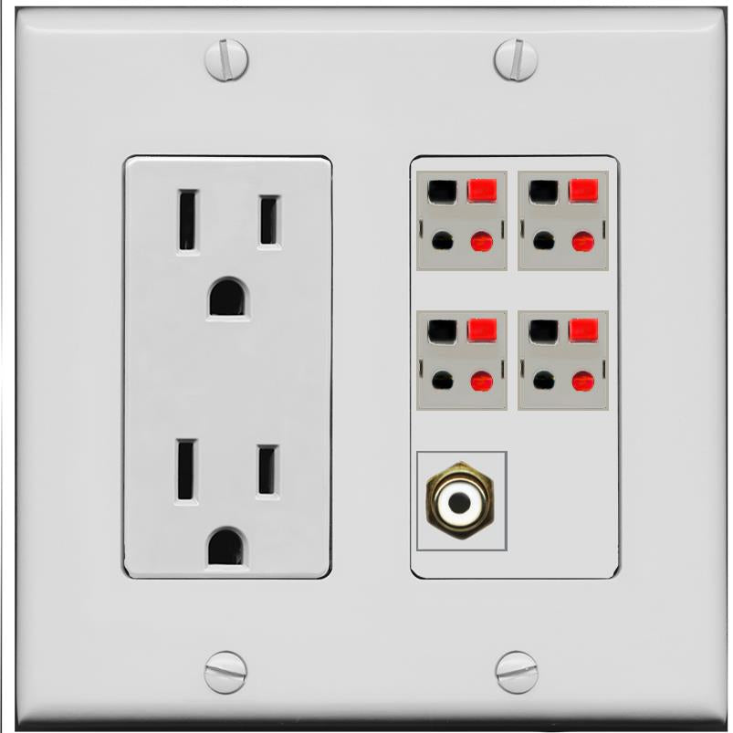 RiteAV 4 Port Speaker Wire Plug Jack Wall Plate with RCA for Subwoofer - Outlet [Gray/Gray]