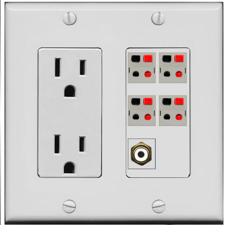 RiteAV 4 Port Speaker Wire Plug Jack Wall Plate with RCA for Subwoofer - Outlet [Gray/Gray]