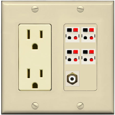 RiteAV 4 Port Speaker Wire Plug Jack Wall Plate with RCA for Subwoofer - Outlet [Ivory/Ivory]