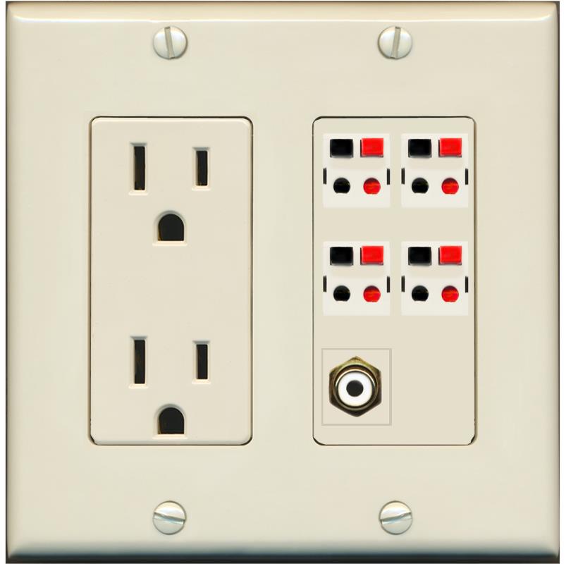 RiteAV 4 Port Speaker Wire Plug Jack Wall Plate with RCA for Subwoofer - Outlet [Light-Almond]