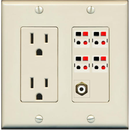 RiteAV 4 Port Speaker Wire Plug Jack Wall Plate with RCA for Subwoofer - Outlet [Light-Almond]
