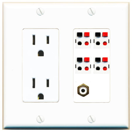RiteAV 4 Port Speaker Wire Plug Jack Wall Plate with RCA for Subwoofer - Outlet [White]