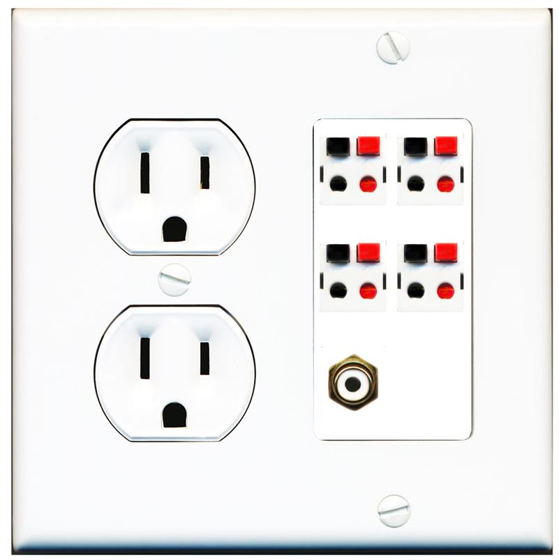 RiteAV 4 Port Speaker Wire Plug Jack Wall Plate with RCA for Subwoofer - Round Outlet [White]