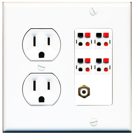 RiteAV 4 Port Speaker Wire Plug Jack Wall Plate with RCA for Subwoofer - Round Outlet [White]