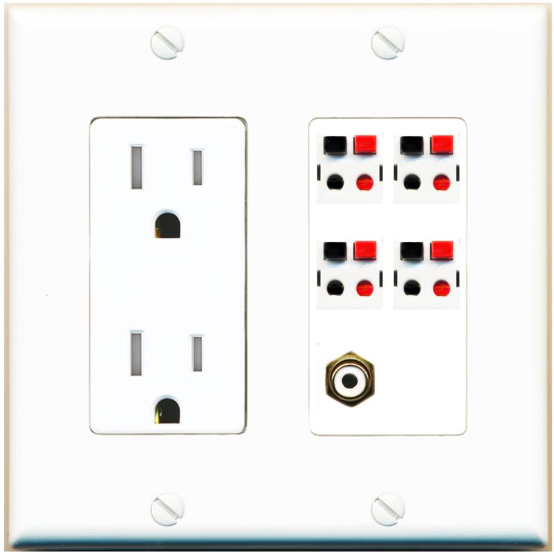 RiteAV 4 Port Speaker Wire Plug Jack Wall Plate with RCA for Subwoofer - Tamper-Res [White]