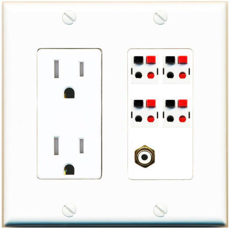 RiteAV 4 Port Speaker Wire Plug Jack Wall Plate with RCA for Subwoofer - Tamper-Res [White]