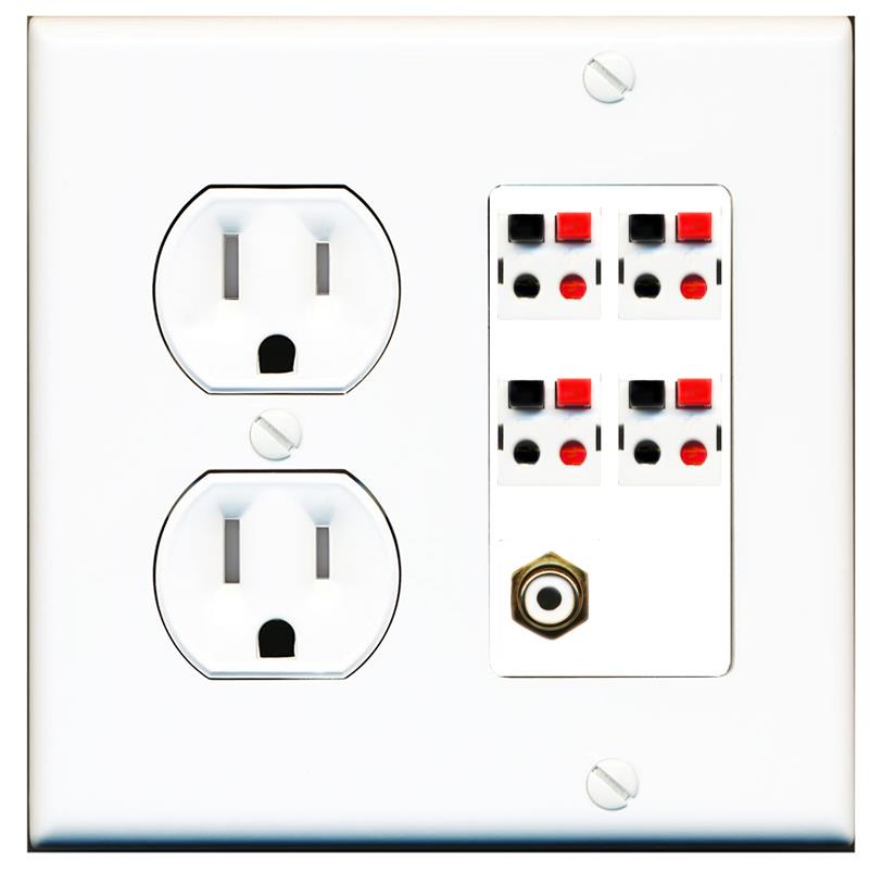 RiteAV 4 Port Speaker Wire Plug Jack Wall Plate with RCA for Subwoofer - Tamper Proof [White]