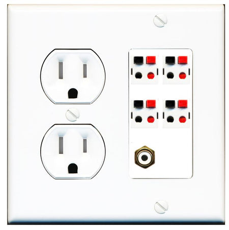 RiteAV 4 Port Speaker Wire Plug Jack Wall Plate with RCA for Subwoofer - Tamper Proof [White]