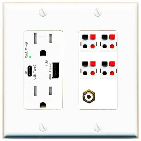 RiteAV 4 Port Speaker Wire Plug Jack Wall Plate with RCA for Subwoofer - USB AC Charger [White]