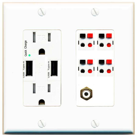 RiteAV 4 Port Speaker Wire Plug Jack Wall Plate with RCA for Subwoofer - USB Charger [White]