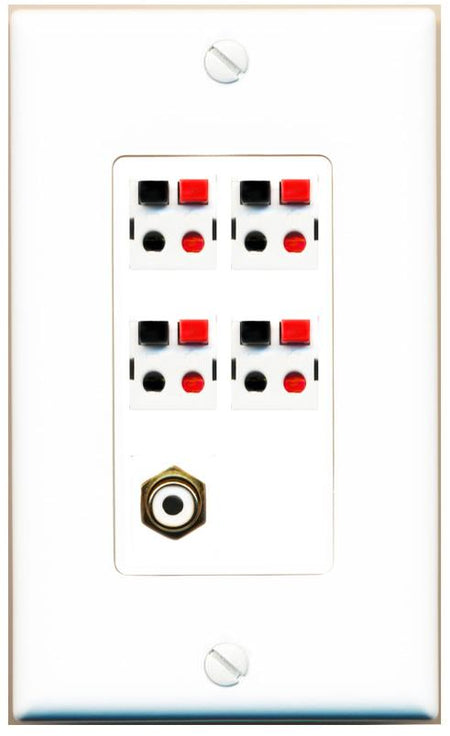 RiteAV 4 Port Speaker Wire Plug Jack Wall Plate with RCA for Subwoofer - 1 Gang [White]