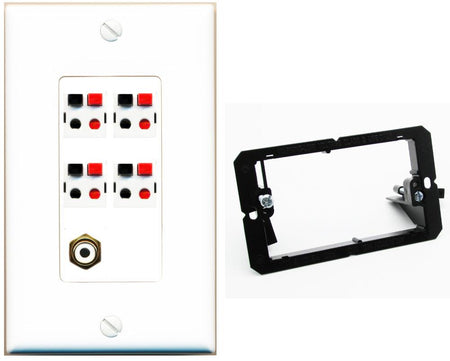 RiteAV 4 Port Speaker Wire Plug Jack Wall Plate with RCA for Subwoofer - Bracket [White]