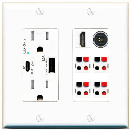 RiteAV 4 Speaker 1 Toslink HDMI Wall Plate - USB AC Charger [White]