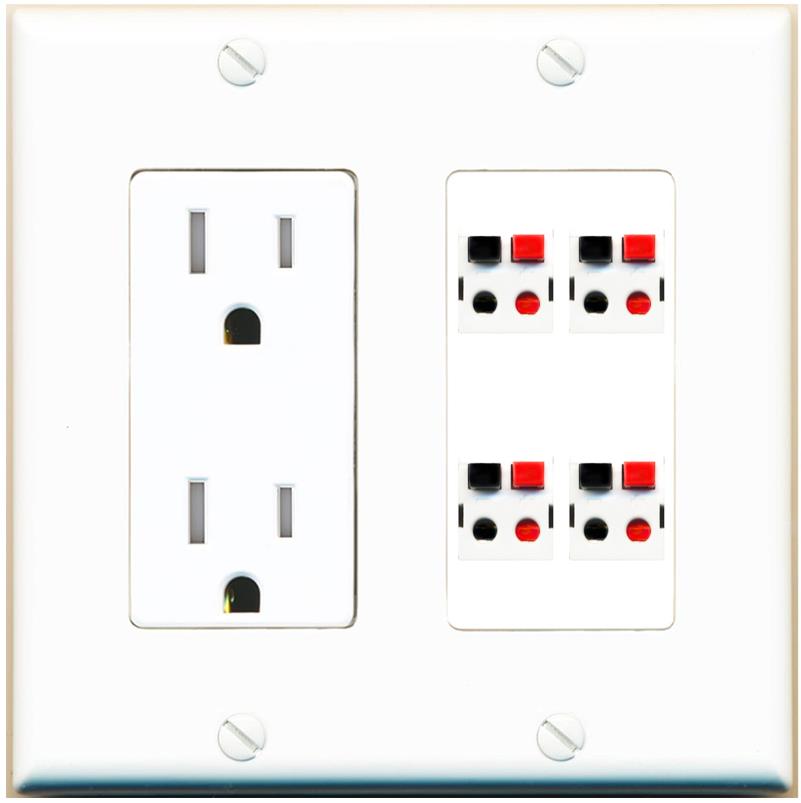 RiteAV 4 Port Speaker Wire Plug Jack Wall Plate - Tamper-Res [White]