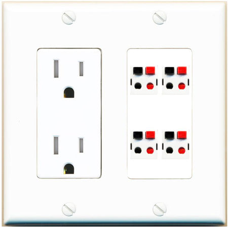 RiteAV 4 Port Speaker Wire Plug Jack Wall Plate - Tamper-Res [White]