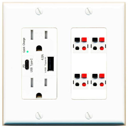 RiteAV 4 Port Speaker Wire Plug Jack Wall Plate - USB AC Charger [White]