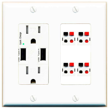 RiteAV 4 Port Speaker Wire Plug Jack Wall Plate - USB Charger [White]