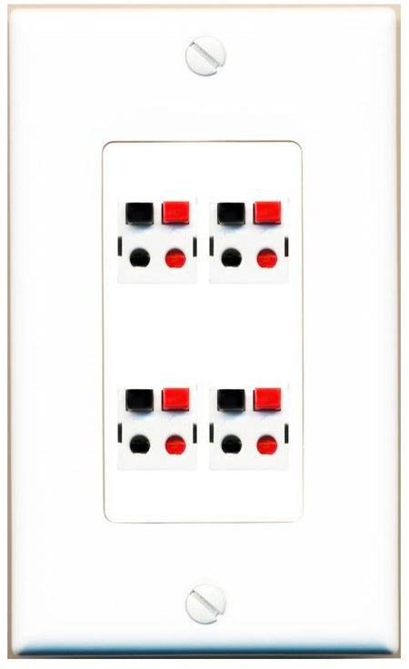 RiteAV 4 Port Speaker Wire Plug Jack Wall Plate - 1 Gang [White]