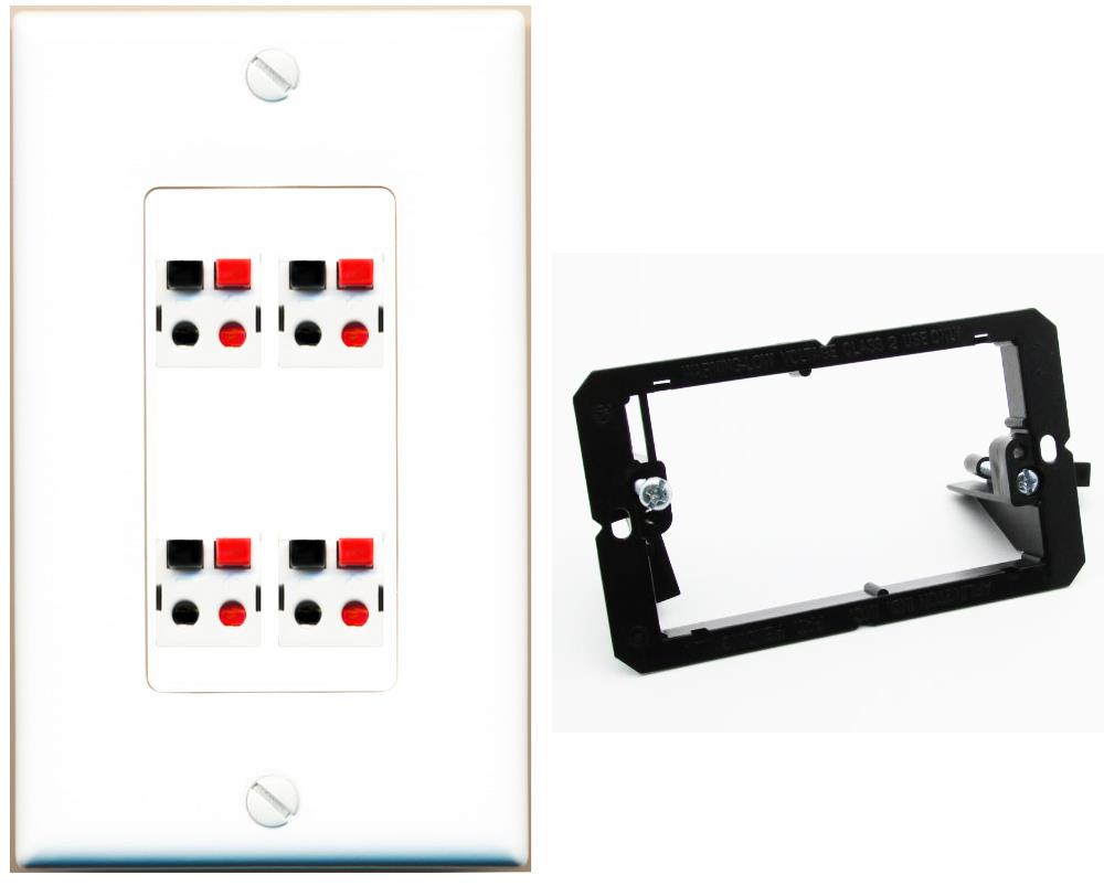 RiteAV 4 Port Speaker Wire Plug Jack Wall Plate - Bracket [White]