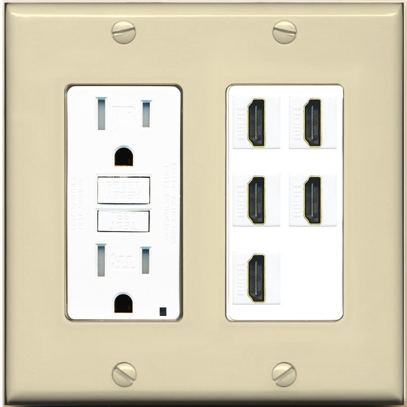 RiteAV 5 Port HDMI Wall Plate - GFCI Outlet [Ivory/White]