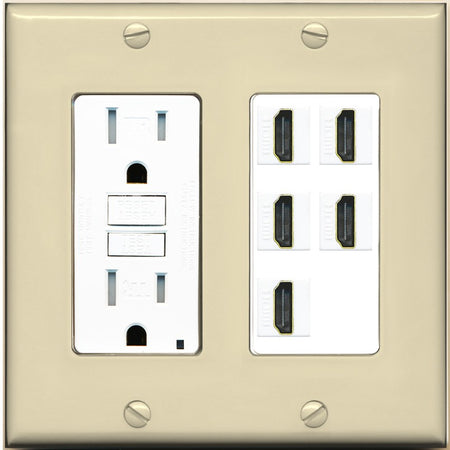 RiteAV 5 Port HDMI Wall Plate - GFCI Outlet [Ivory/White]