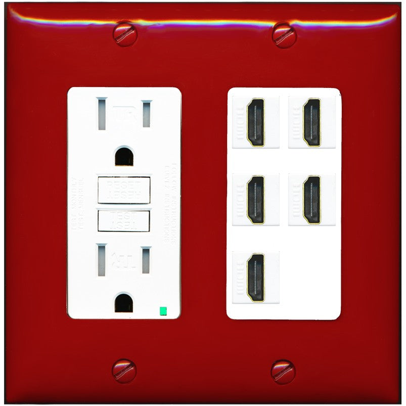 RiteAV 5 Port HDMI Wall Plate - GFCI Outlet [Red/White]