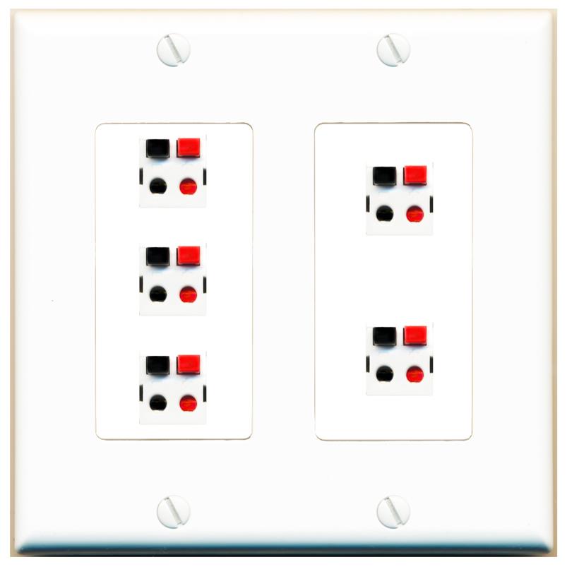 RiteAV 5 Port Speaker Wire Plug Jack Wall Plate - 2 Gang [White]