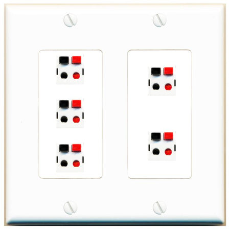 RiteAV 5 Port Speaker Wire Plug Jack Wall Plate - 2 Gang [White]