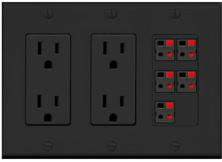 RiteAV 5 Port Speaker Wire Plug Jack Wall Plate - 2 Outlet [Black/Black]