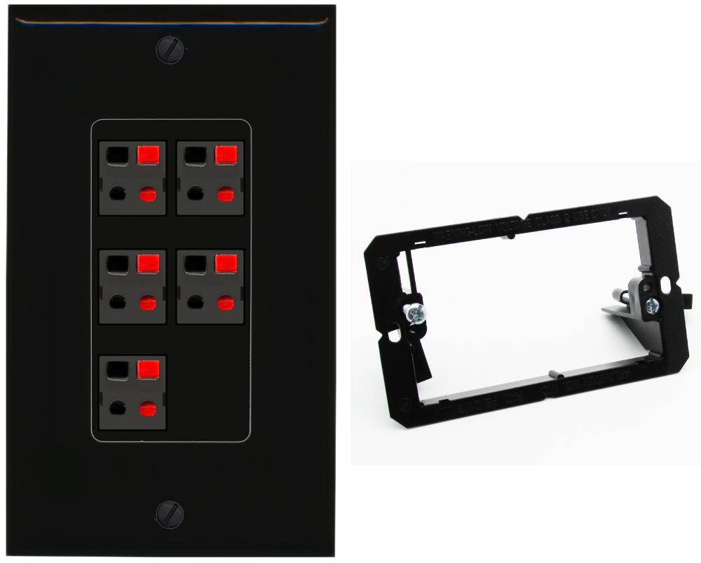 RiteAV 5 Port Speaker Wire Plug Jack Wall Plate - Bracket [Black/Black]