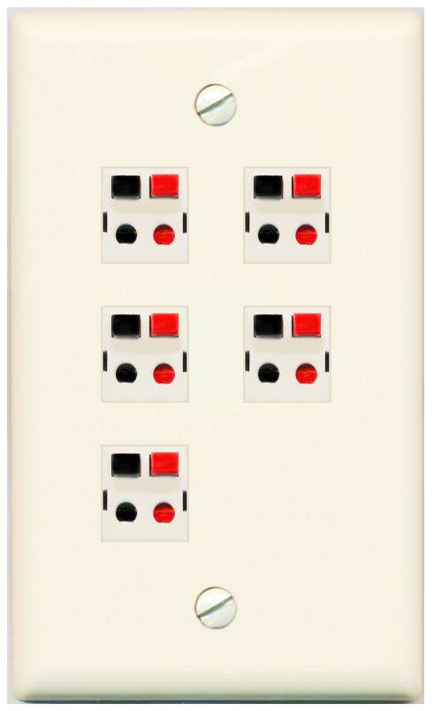 RiteAV 5 Port Speaker Wire Plug Jack Wall Plate - Flat [Light-Almond]