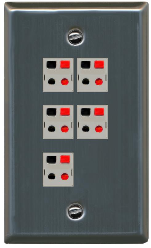 RiteAV 5 Port Speaker Wire Plug Jack Wall Plate - Flat [Stainless Steel]