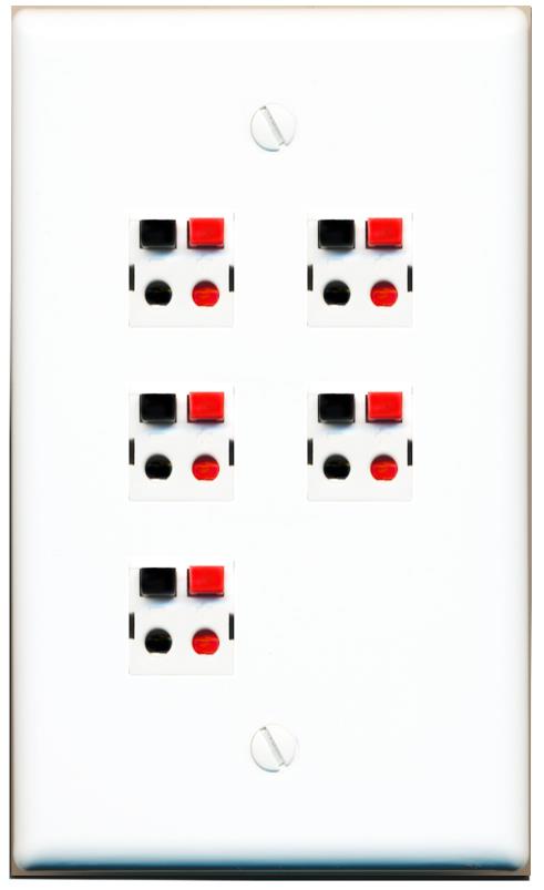 RiteAV 5 Port Speaker Wire Plug Jack Wall Plate - Flat [White]