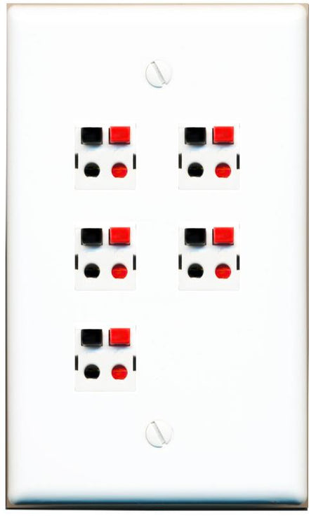 RiteAV 5 Port Speaker Wire Plug Jack Wall Plate - Flat [White]